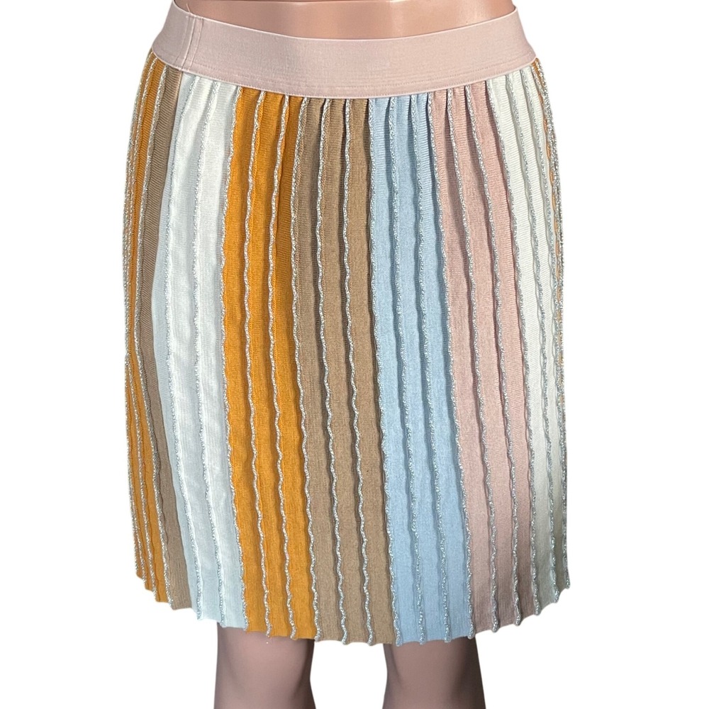 Eva Franco Multicolor Pleated Skirt M Stretch Waist Metallic Ribbed Stripes